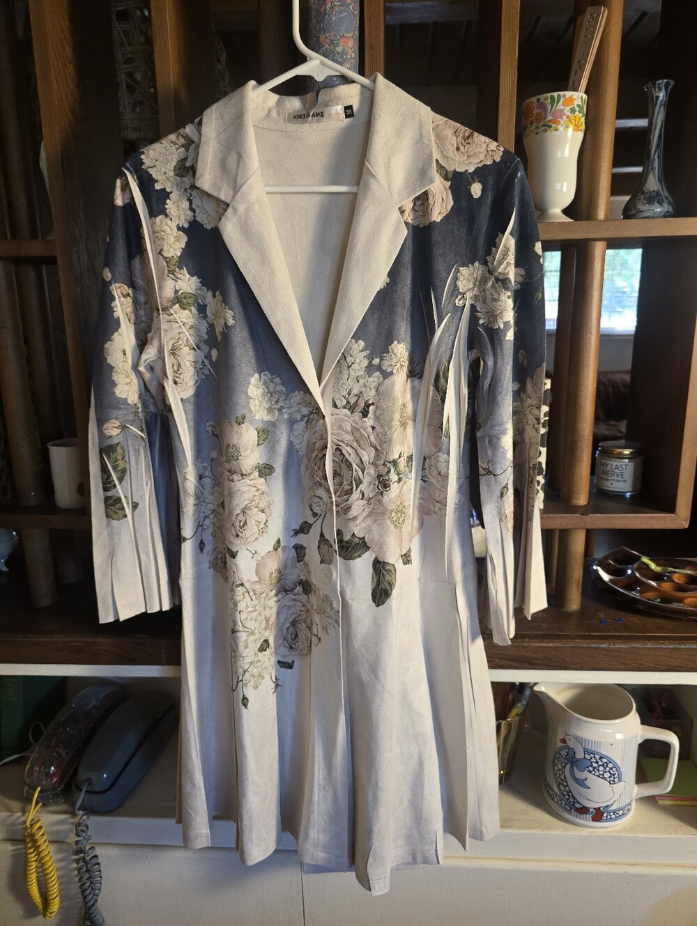 Oragami Floral Long Sleeve Dress - Blue & Cream